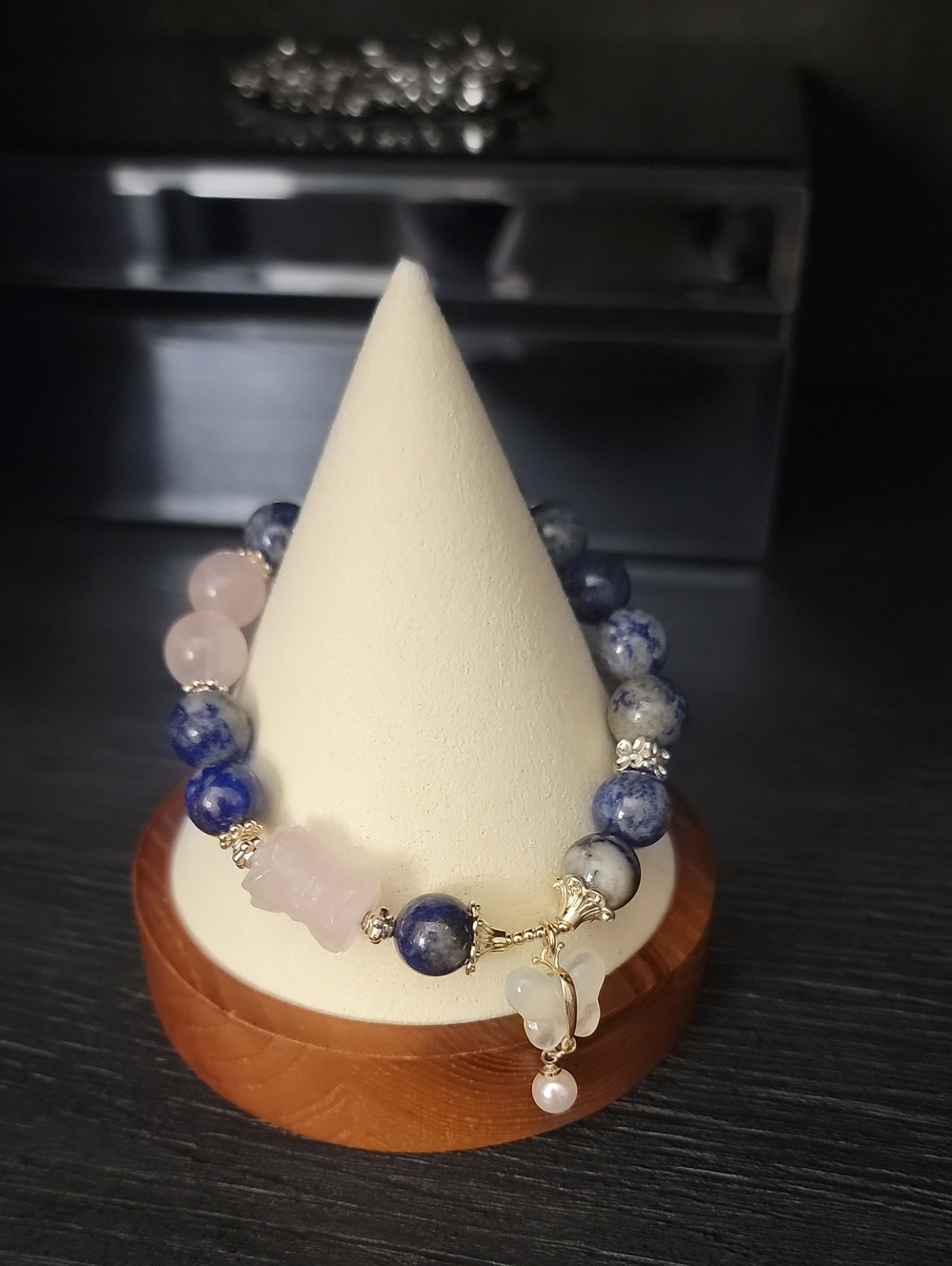 Rose Quartz and Lapis Lazuli Beaded Bracelet with Butterfly Charm